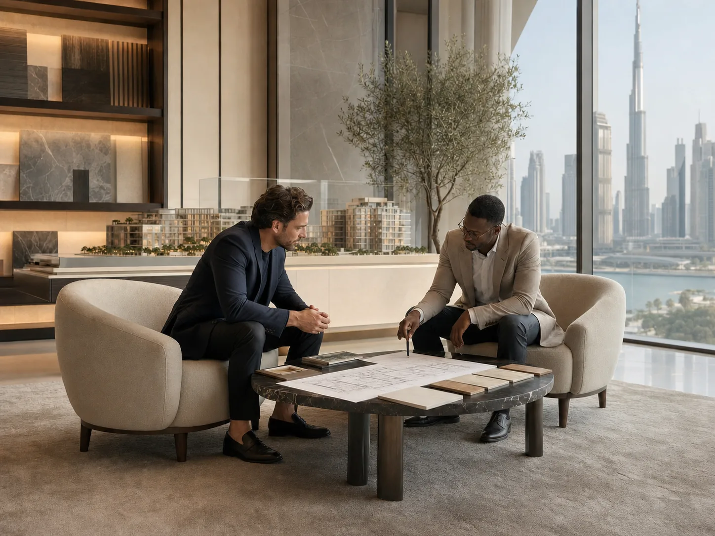 Investors in a consultation with the Downtown Dubai skyline